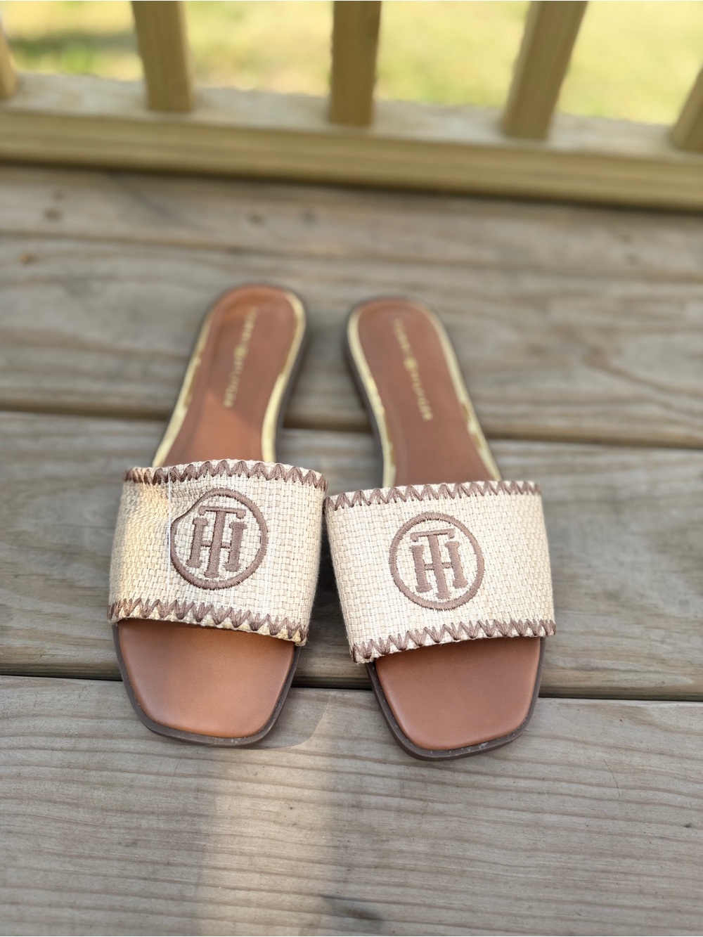 Tommy Hilfiger Tan Canvas Slide Sandals with Embroidered Logo